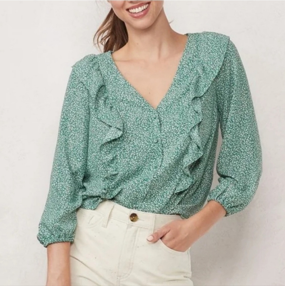 Green Floral Ruffle Top